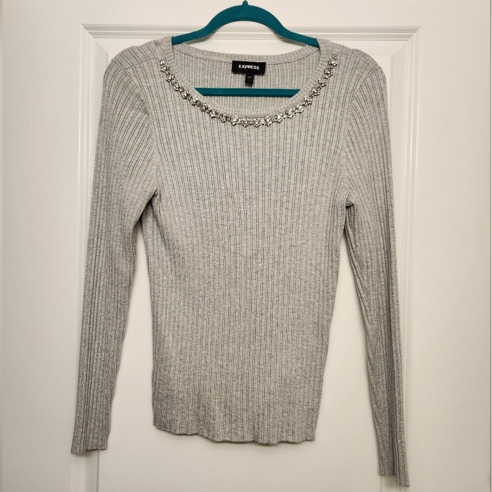Express Gray Ribbed Sweater with Embellished Neckline